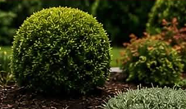 Neatly rounded shrub in a freshly mulched planting bed